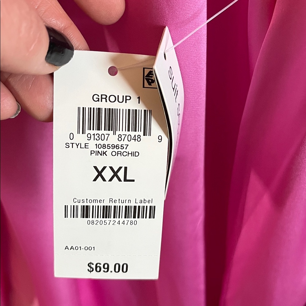 Bar III Vibrant Pretty in Pink Satin Blouse w/ neck tie & elastic cuffs size XXL - Picture 12 of 17